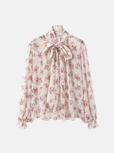 Floral Silk Blouse Neck Bow