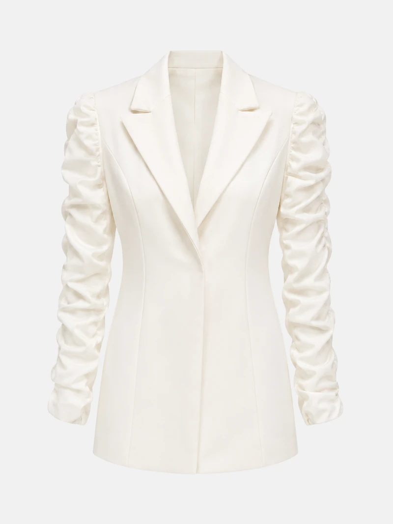 Short dress with ruched sleeves and lapel collar