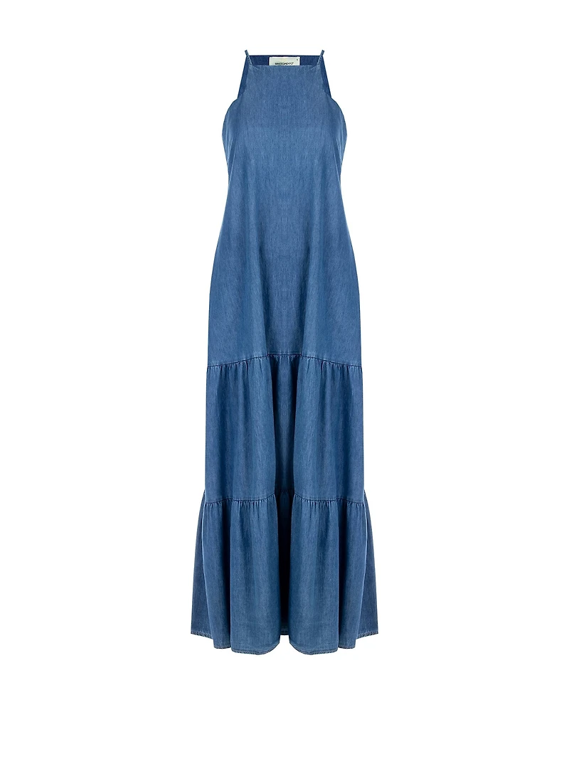 Long A-line Dress Denim with Square Neckline and Pockets