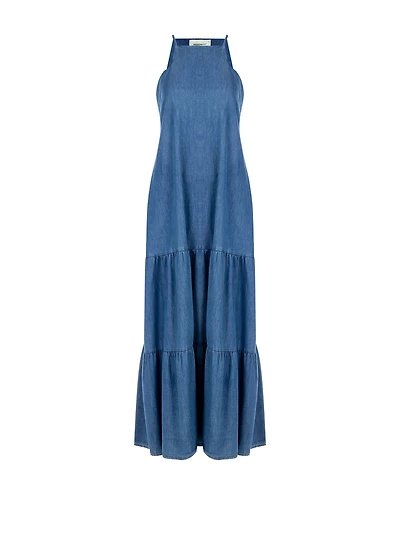 Long A-line Dress Denim with Square Neckline and Pockets