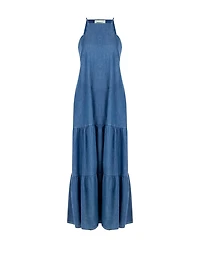 Long A-line Dress Denim with Square Neckline and Pockets