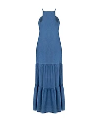 Long A-line Dress Denim with Square Neckline and Pockets