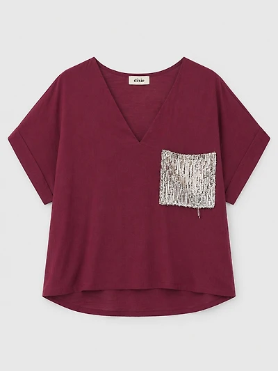 Sequin Pocket V-Neck Top