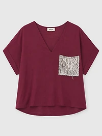 Sequin Pocket V-Neck Top