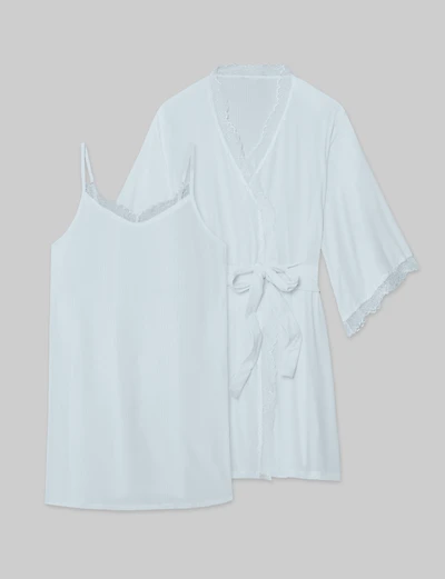 Women's Second Skin Luxe Rib Lace Chemise & Robe Set
