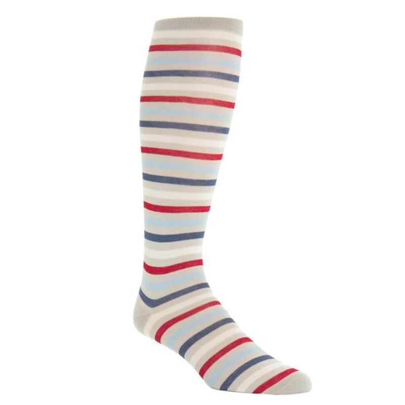 Dapper Classics - Tan/Cream/Red/Sky Blue/Indigo Blue Quad Stripe - Cotton - Over The Calf