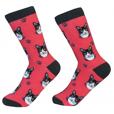 Sock Daddy - Black and White Cat - Red - Crew - Unisex