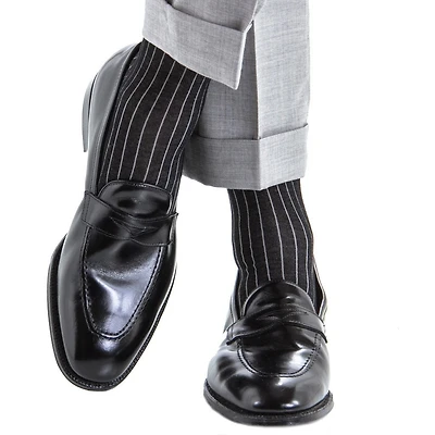 Dapper Classics - Black with Ash Vertical Stripe - Cotton - Over The Calf