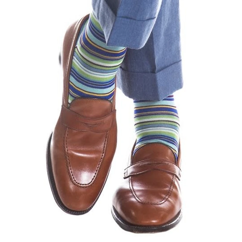 Dapper Classics - Azure Blue with Grass Green/Yolk/Sky Blue/Navy/Cream Stripe - Cotton - Over The Calf