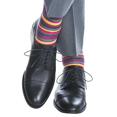 Dapper Classics - Charcoal, Magenta, Saffron, Cream, and Gray Variegated Stripe - Merino Wool - Over The Calf