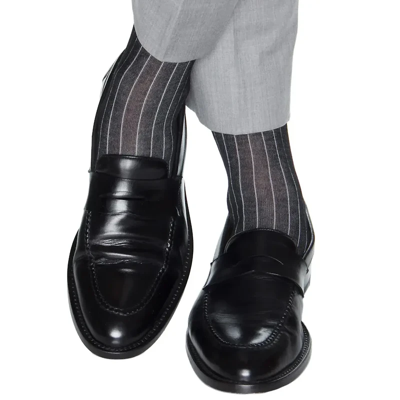 Dapper Classics - Black with Ash Vertical Stripe - Cotton - Over The Calf