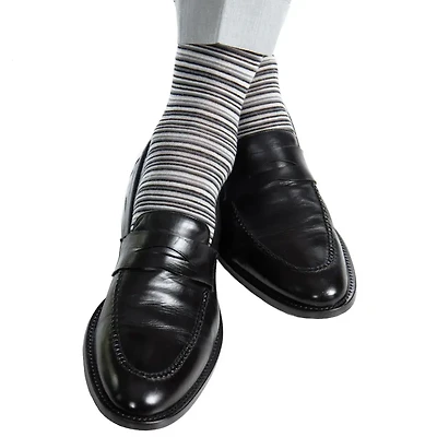 Dapper Classics - Black With Charcoal/Ash/White Variegated Stripe - Merino Wool - Over The Calf