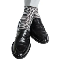 Dapper Classics - Black With Charcoal/Ash/White Variegated Stripe - Merino Wool - Over The Calf