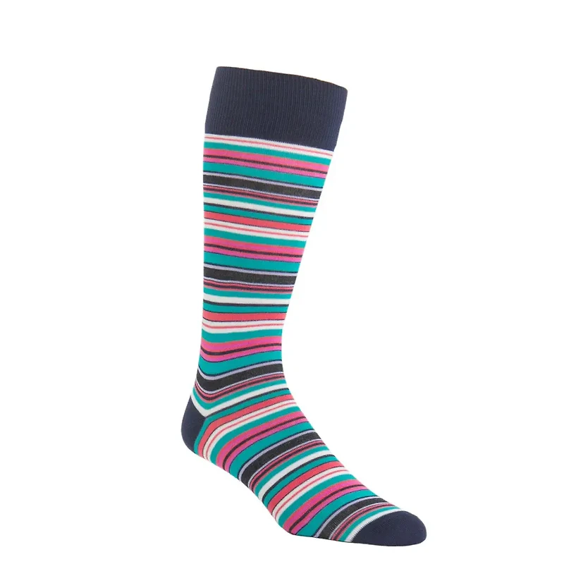 Dapper Classics - Classic Navy with White/Azure Blue/Coral/Rose/Lavender/Ceramic Varigated Stripe - Cotton - Over The Calf