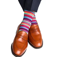 Dapper Classics - Clematis Blue with Rose/Yolk and Tigerlily Orange Stripe - Cotton - Over The Calf