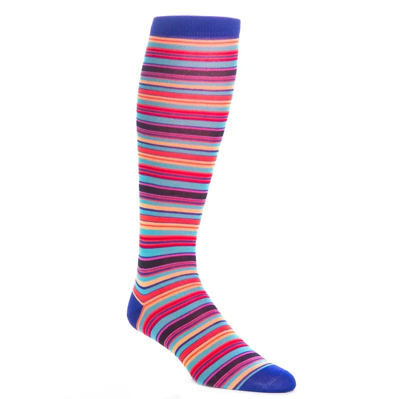 Dapper Classics - Clematis Blue with Rose/Yolk and Tigerlily Orange Stripe - Cotton - Over The Calf