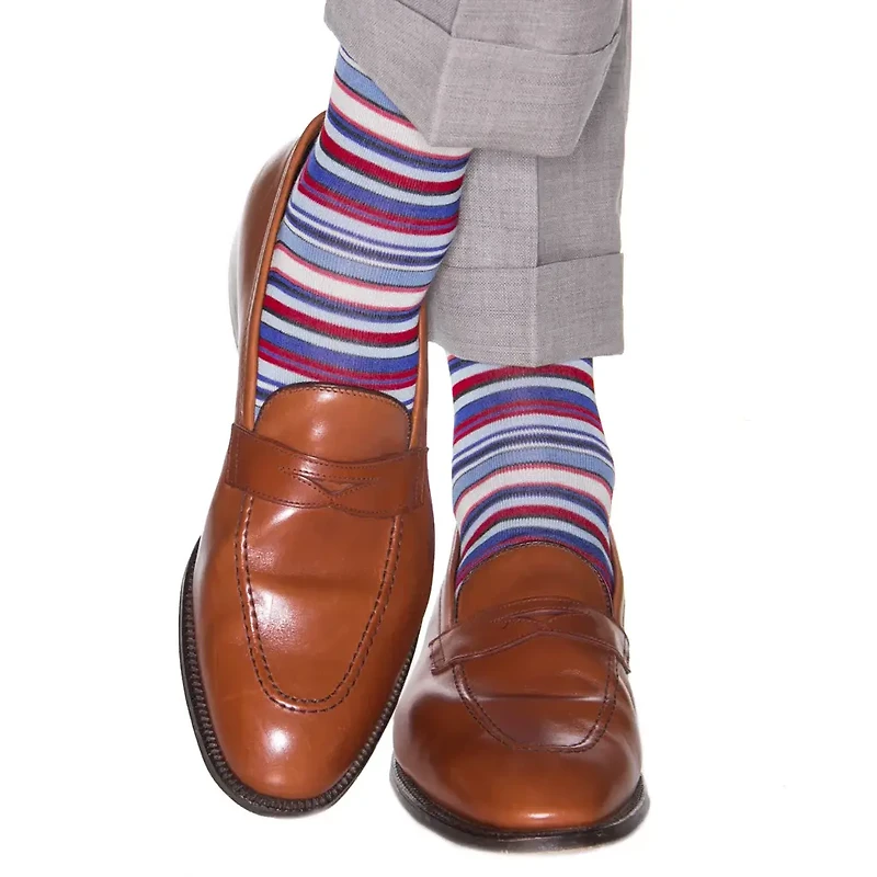 Dapper Classics - Navy/Sky/Azure Blue/Clematis Blue/Cream/Coral/Red Variegated Stripe - Cotton - Over The Calf