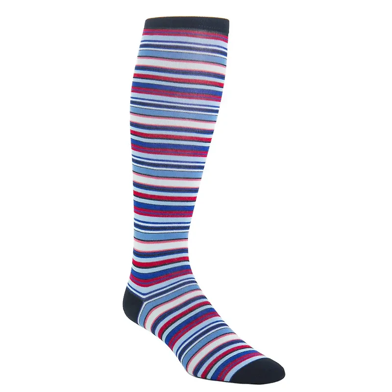 Dapper Classics - Navy/Sky/Azure Blue/Clematis Blue/Cream/Coral/Red Variegated Stripe - Cotton - Over The Calf