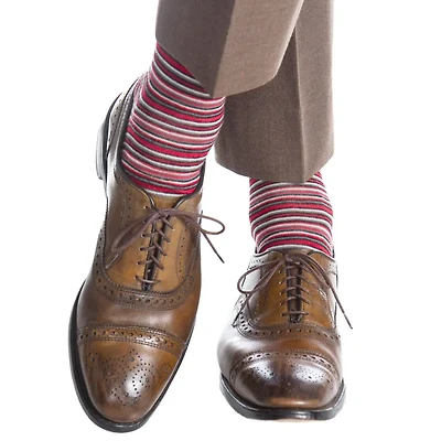 Dapper Classics - Red With Black/Charcoal/White Variegated Stripe - Merino Wool - Over The Calf