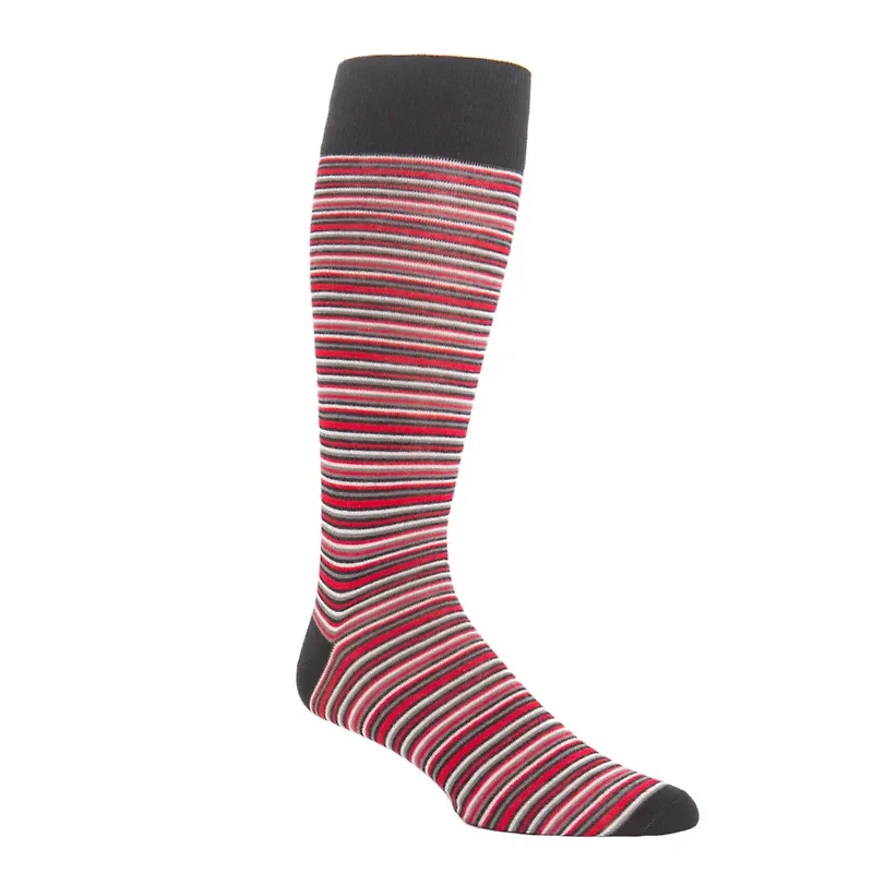 Dapper Classics - Red With Black/Charcoal/White Variegated Stripe - Merino Wool - Over The Calf