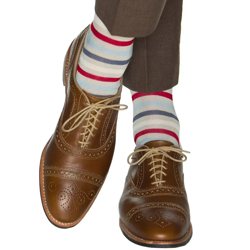 Dapper Classics - Tan/Cream/Red/Sky Blue/Indigo Blue Quad Stripe - Cotton - Over The Calf