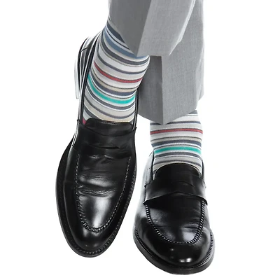 Dapper Classics - Steel Gray With Azure Blue/Yolk/Coral/Ceramic/Forest Green/Tingerlily Orange/Clematis Blue/Rose Variegated Stripe - Cotton - Over The Calf