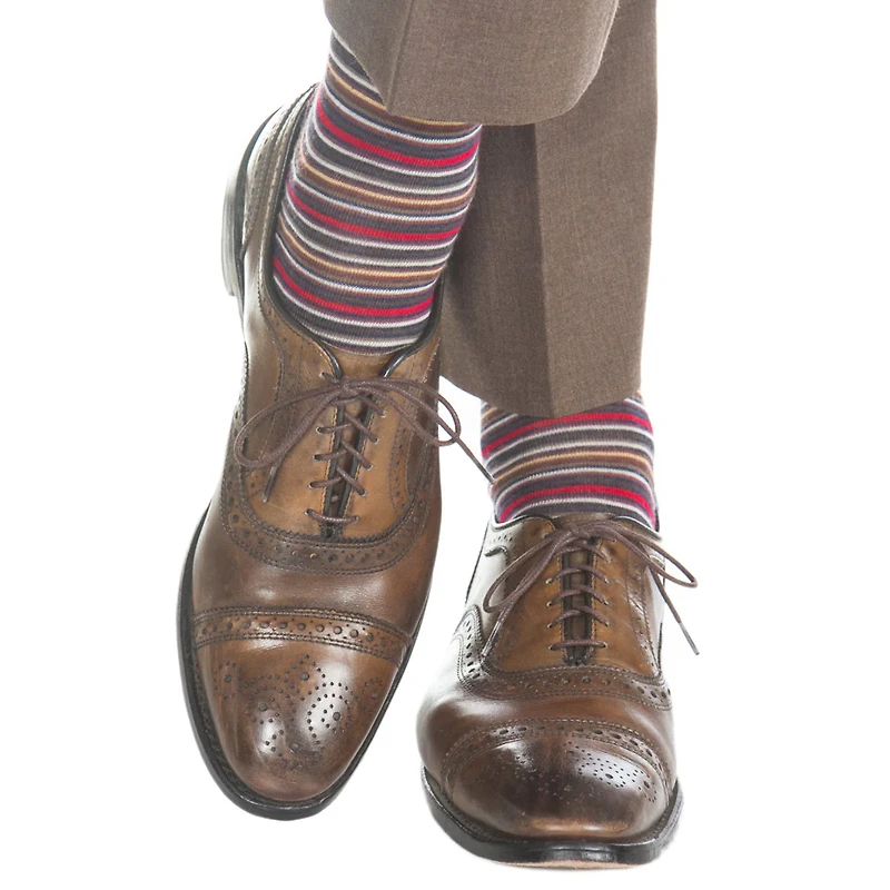 Dapper Classics - Navy with Brown/Yolk/Red/White/Magenta Stripe - Merino Wool - Over The Calf