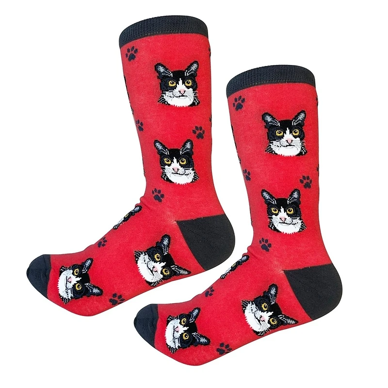 Sock Daddy - Black and White Cat - Red - Crew - Unisex