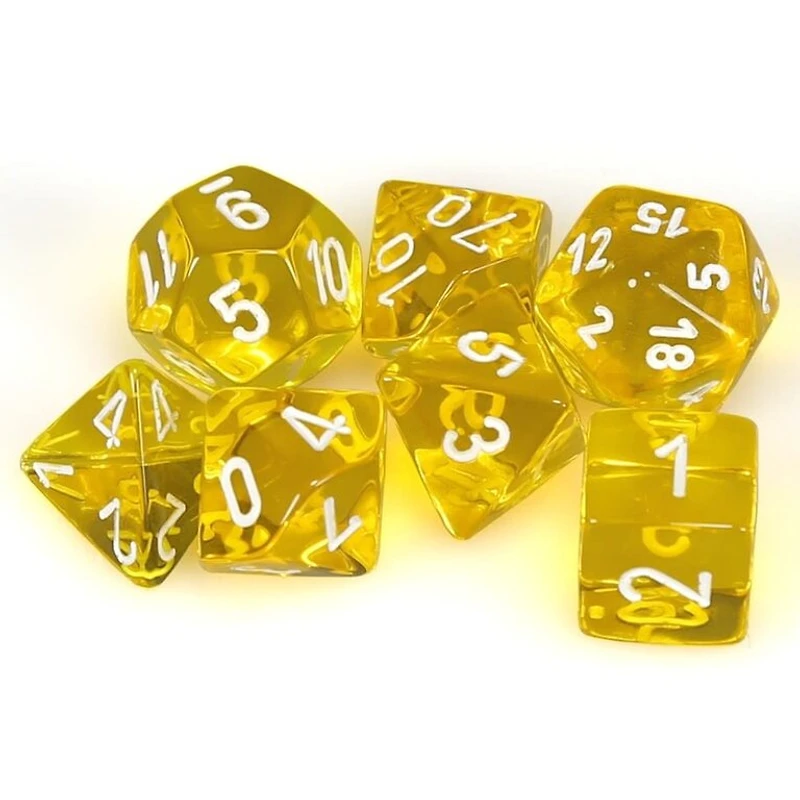 7 dés polyédriques transparents jaune avec chiffres blancs