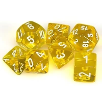 7 dés polyédriques transparents jaune avec chiffres blancs
