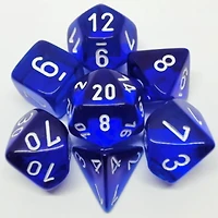 7 dés polyédriques transparents bleu avec chiffres blancs