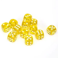 12 dés 6 16mm transparents jaune avec points blancs