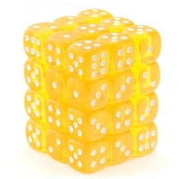 36 dés 6 12mm transparents jaunes avec points blancs