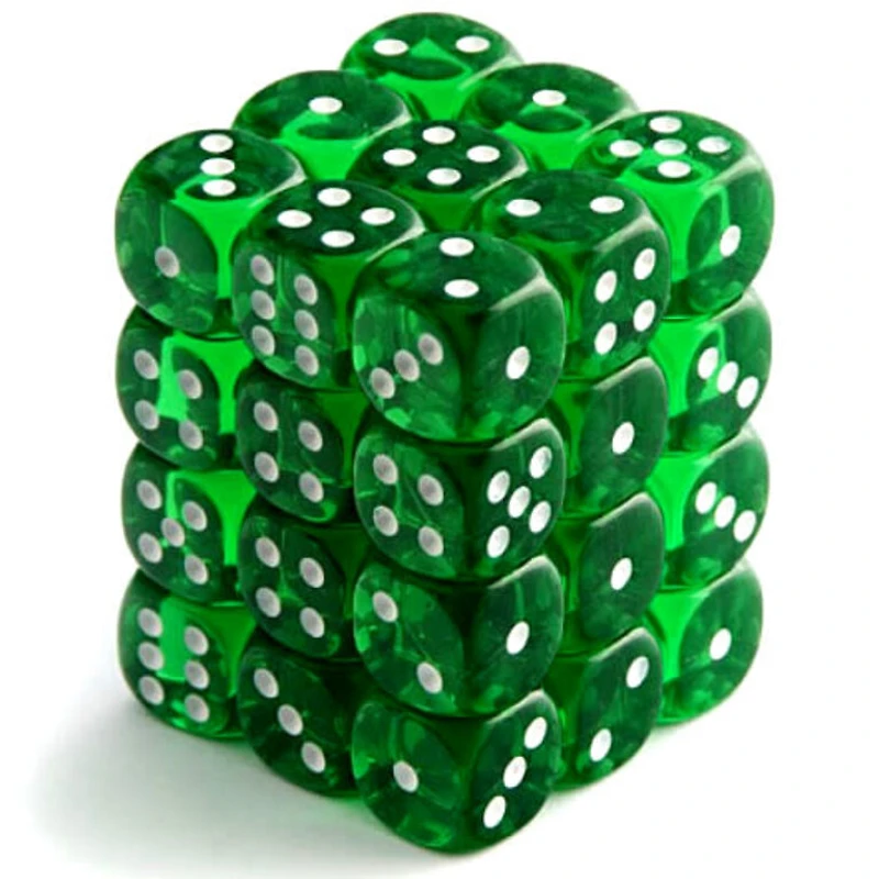 36 dés 6 12mm transparents vert avec points blancs