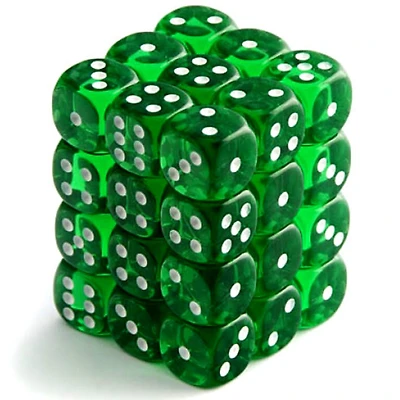 36 dés 6 12mm transparents vert avec points blancs
