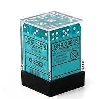 36 dés 6 12mm transparents sarcelle avec points blancs