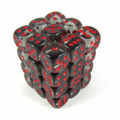 36 dés 6 12mm transparents fumée avec points rouges