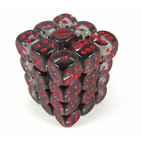 36 dés 6 12mm transparents fumée avec points rouges