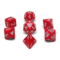 7 dés polyédriques opaques rouge avec chiffres blancs