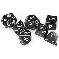 7 dés polyédriques opaques noir avec chiffres blancs