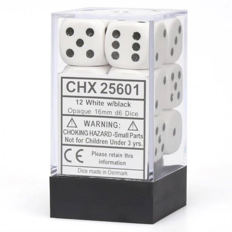 12 dés 6 16mm opaques blanc avec points noirs