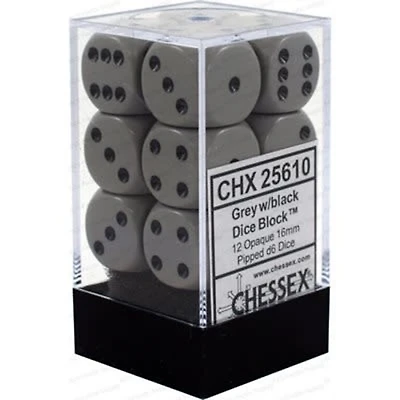 12 dés 6 16mm opaques gris avec points noirs