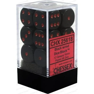 12 dés 6 16mm opaques noir avec points rouges