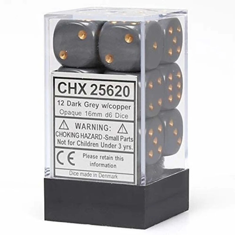 12 dés 6 16mm opaques gris foncé avec points cuivrés