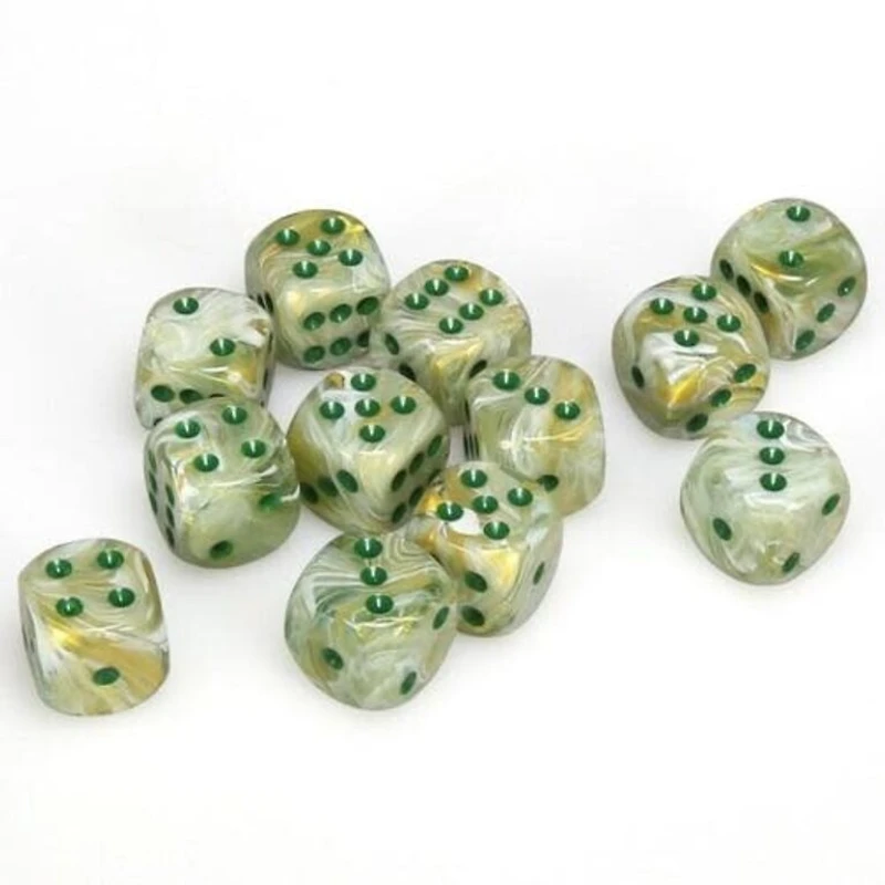 12 dés 6 16mm marbré vert avec points verts