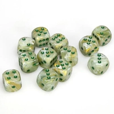 12 dés 6 16mm marbré vert avec points verts