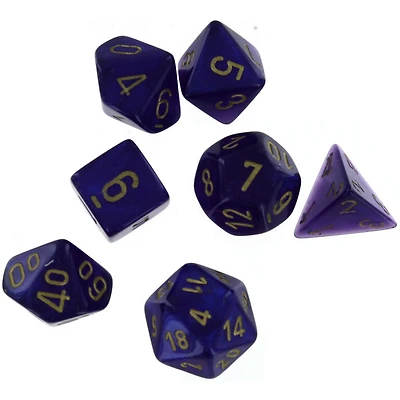7 dés polyédriques Borealis Luminary - Violet Royal avec chiffres doré