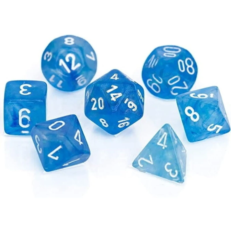7 dés polyédriques Borealis Luminary - Bleu Ciel avec chiffres blancs