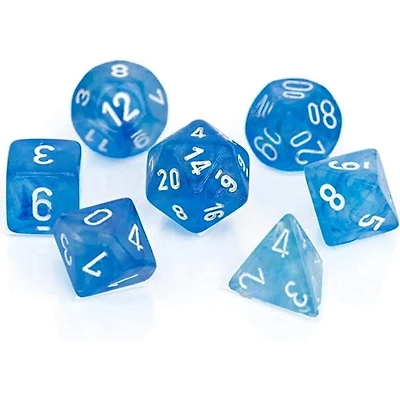 7 dés polyédriques Borealis Luminary - Bleu Ciel avec chiffres blancs