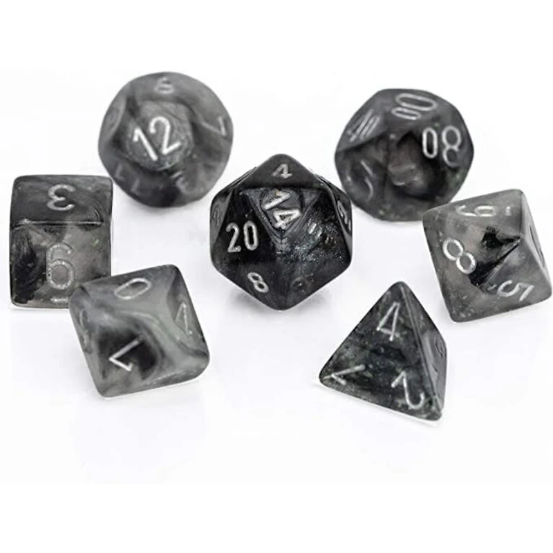 7 dés polyédriques Borealis Luminary - Gris fumée avec chiffres argent